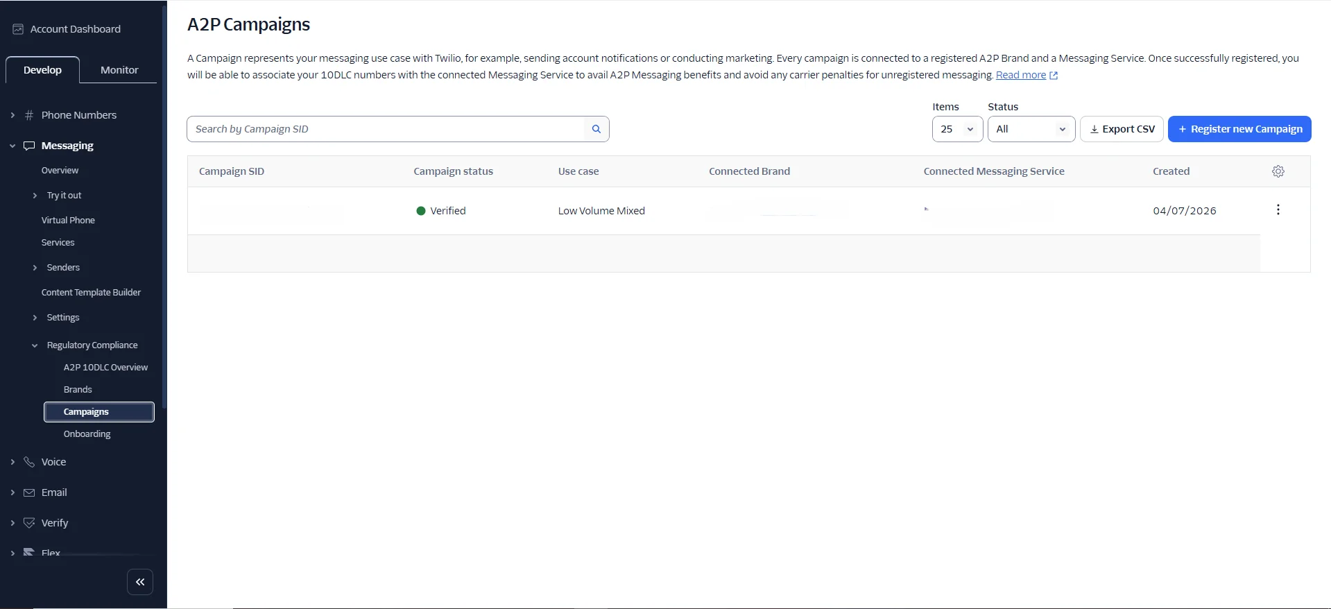 Twilio A2P Campaign approval screenshot